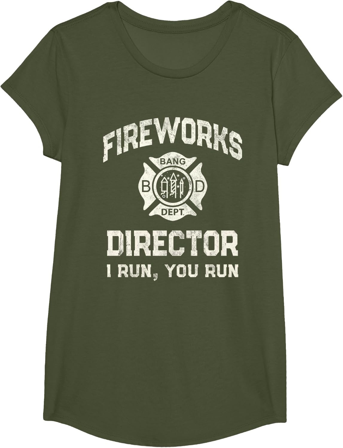 Funny FIREWORKS DIRECTOR Pyro Safety Technician Boom Squad T-Shirt - Girls Olive Green