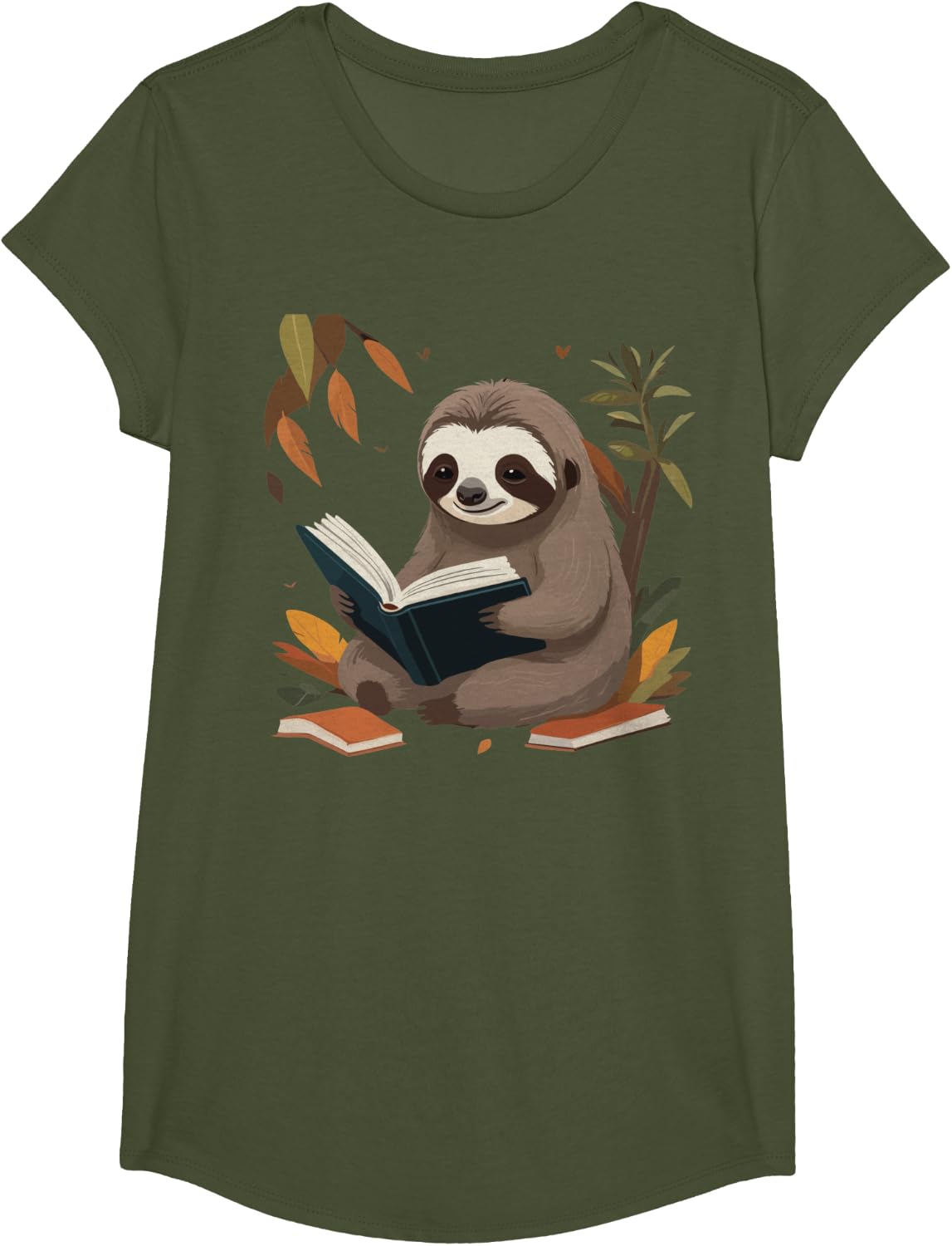 Cute Sloth is reading a Book, Reading Sloth T-Shirt - Girls Olive Green