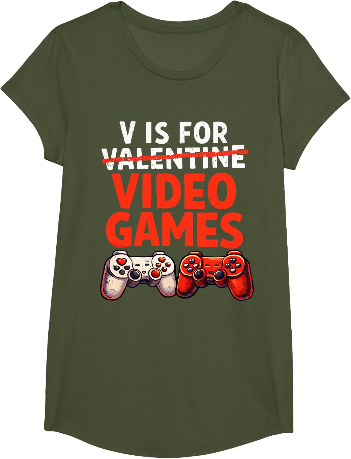 Gamer Valentine V is for Video Games Valentines Day Boys T-Shirt - Girls Olive Green