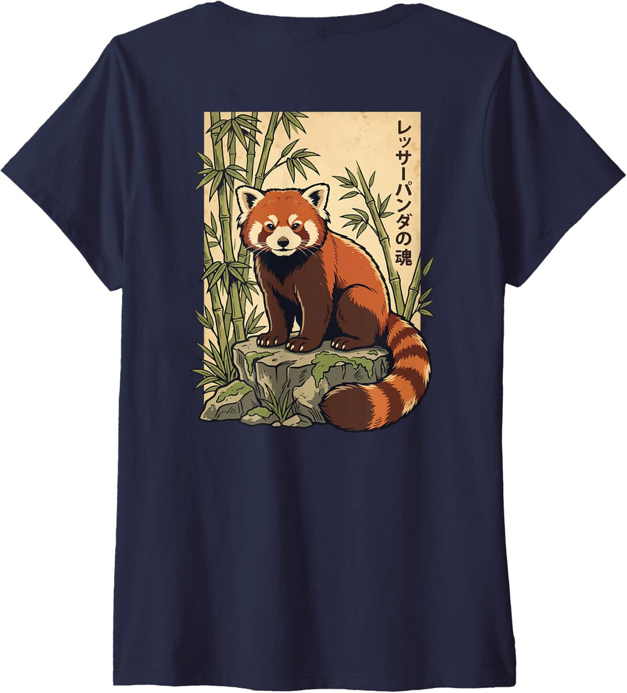 Women's Red Panda Japanese Art (On Back) V-Neck T-Shirt - Navy Blue