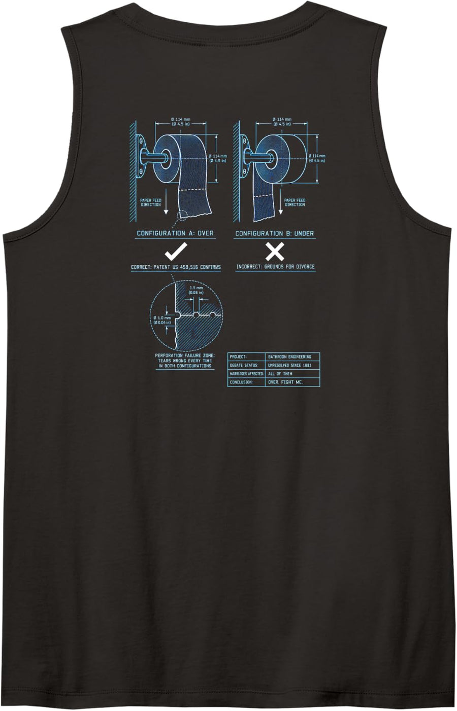 Toilet Paper Over Or Under Funny Engineer Blueprint Sleeveless Tank Top - Black