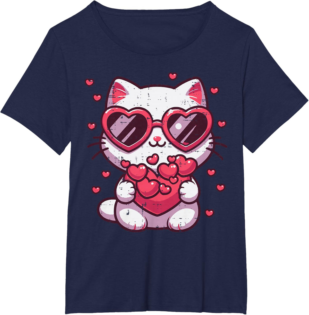 Valentines Day Cat Heart Sunglasses Kitten Girls Kids Women T-Shirt - Navy Blue