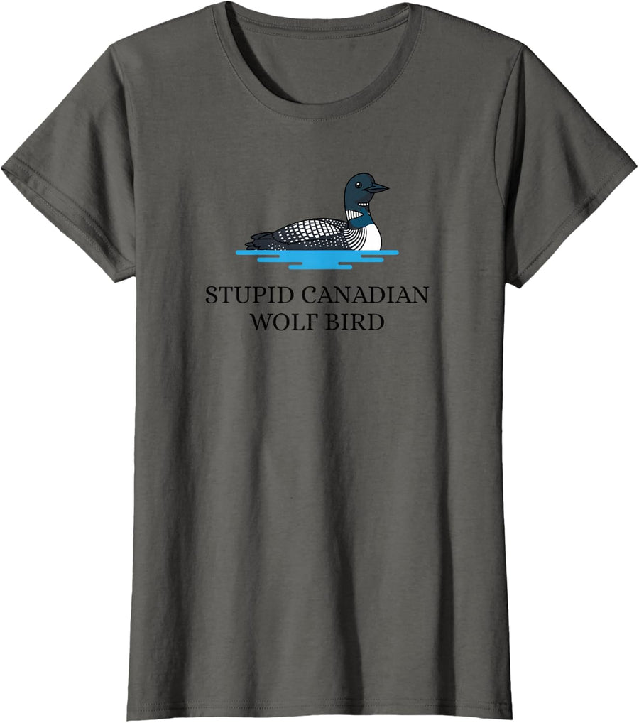 Stupid Canadian Wolf Bird Funny T-Shirt - Asphalt Grey