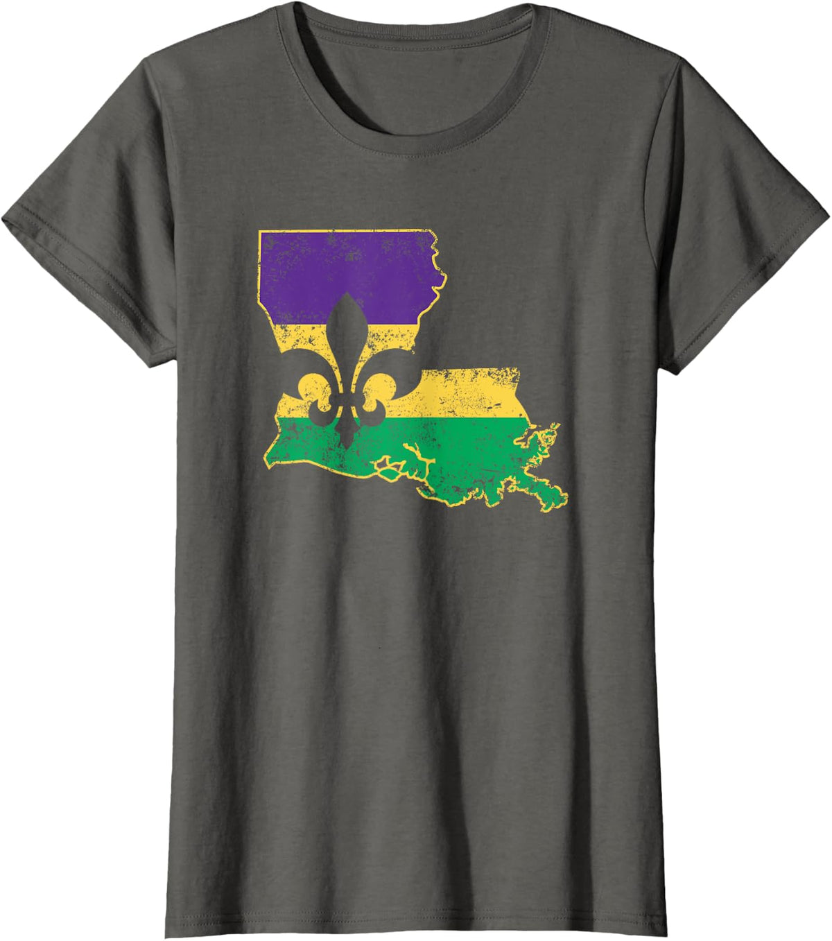 Louisiana Mardi Gras Flag State Outline Fleur De Lis T-Shirt - Asphalt Grey