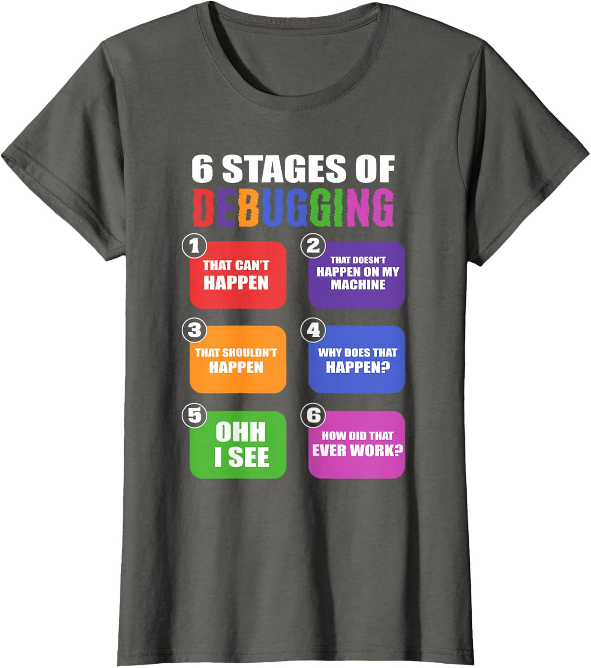 6 Stages of Debugging IT Specialists T-Shirt - Asphalt Grey