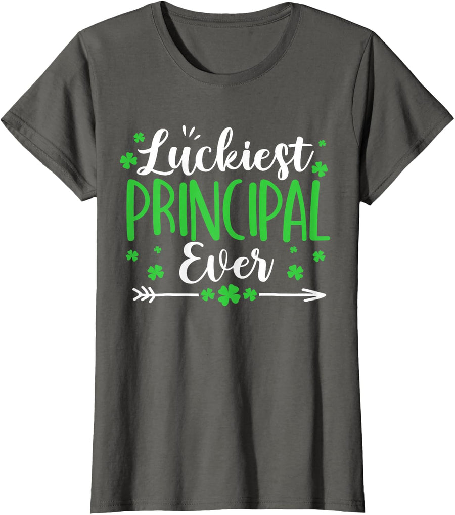 Luckiest Principal Ever Funny St Patrick's Day Shamrocks T-Shirt - Asphalt Grey
