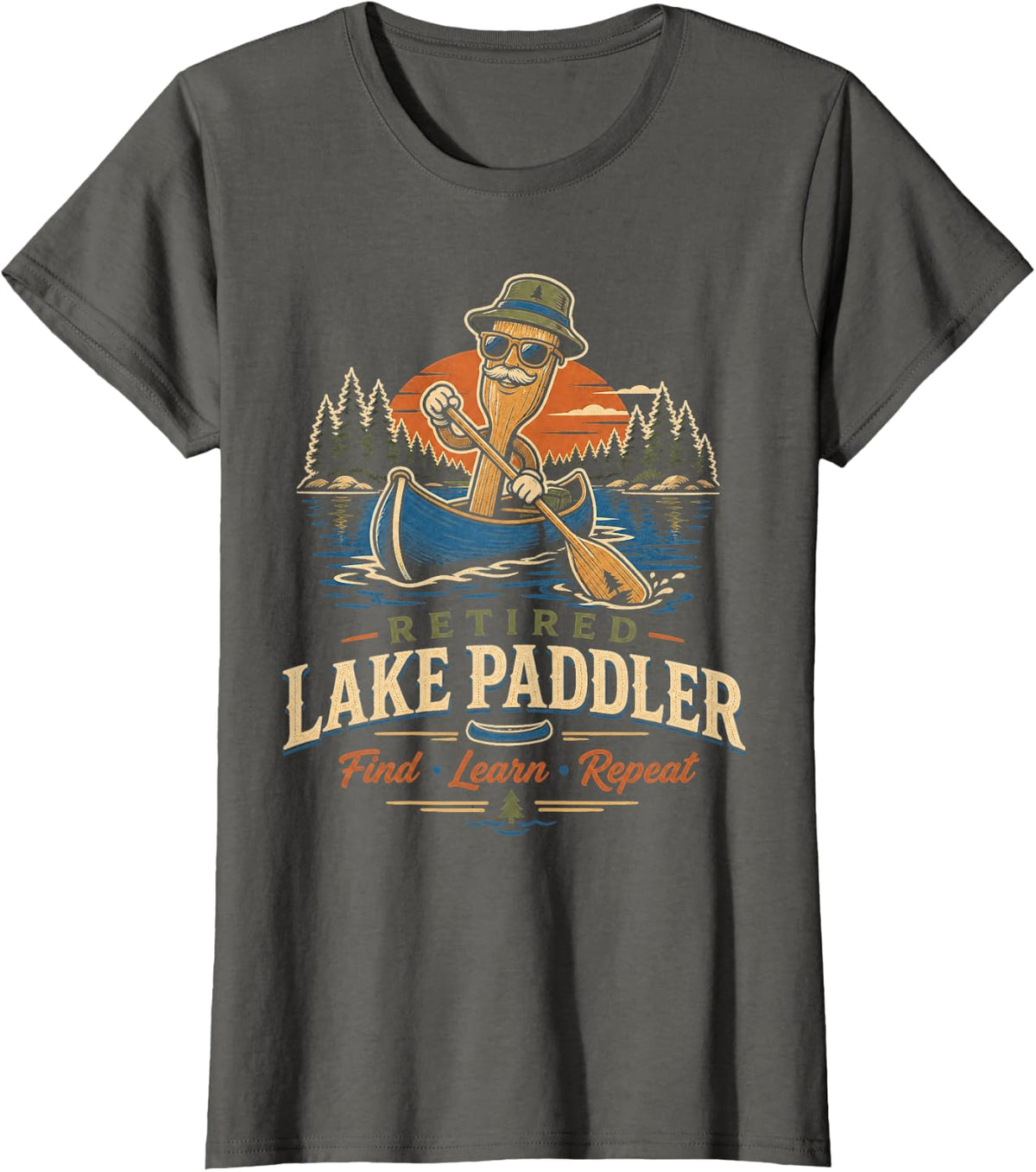 Retired Lake Paddler Find Learn Repeat Canoe T-Shirt - Asphalt Grey