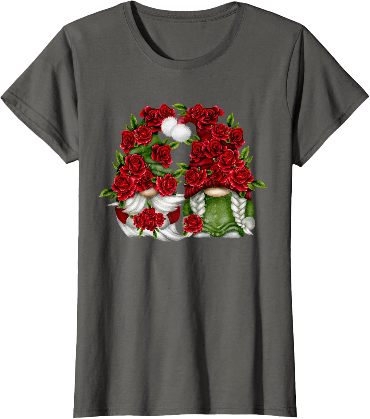 Cute Red Roses For Mom And Grandma With Valentines Gnome T-Shirt - Asphalt Grey