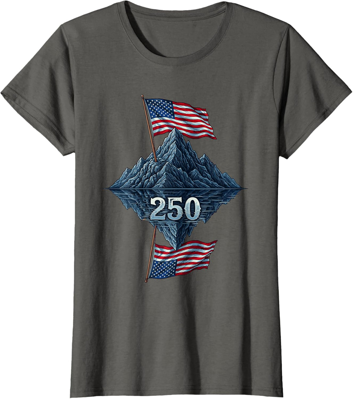 American Flag Reflection Mountains Lake with 25Oth T-Shirt - Asphalt Grey