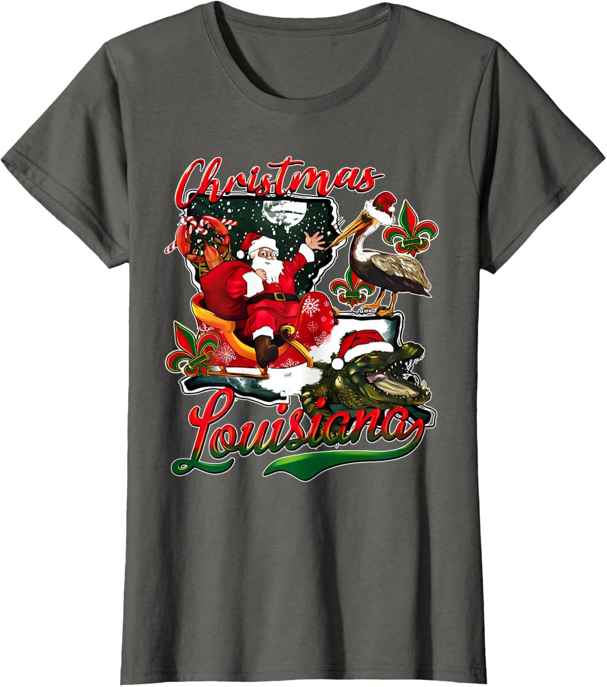 New Orleans Christmas Louisiana Crawfish Santa Holiday T-Shirt - Asphalt Grey