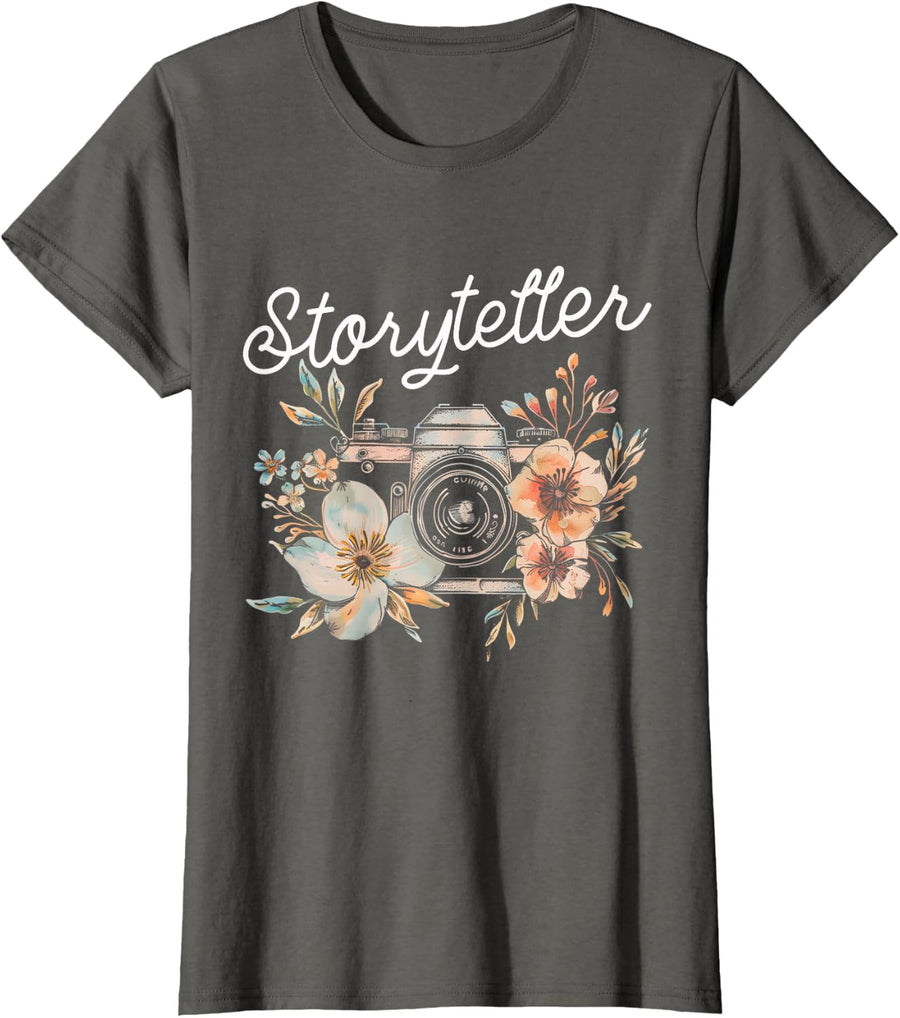 Photographer Storyteller Vintage Camera Flowers Photography T-Shirt - Asphalt Grey