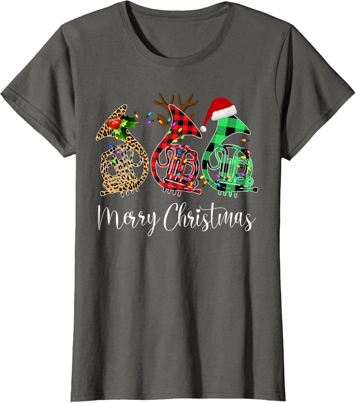 Merry Christmas French Horn Musical Instrument Gift T-Shirt - Asphalt Grey