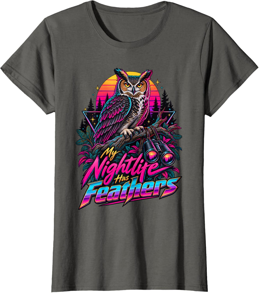 Bird Watching Owl My Nightlife Has Feathers T-Shirt - Asphalt Grey