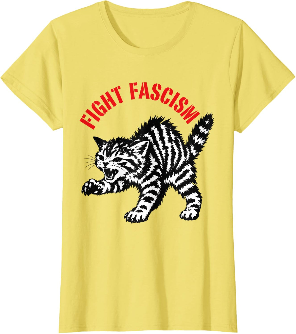 Fight Fascism Funny Angry Tabby Cat T-Shirt - Lemon Yellow
