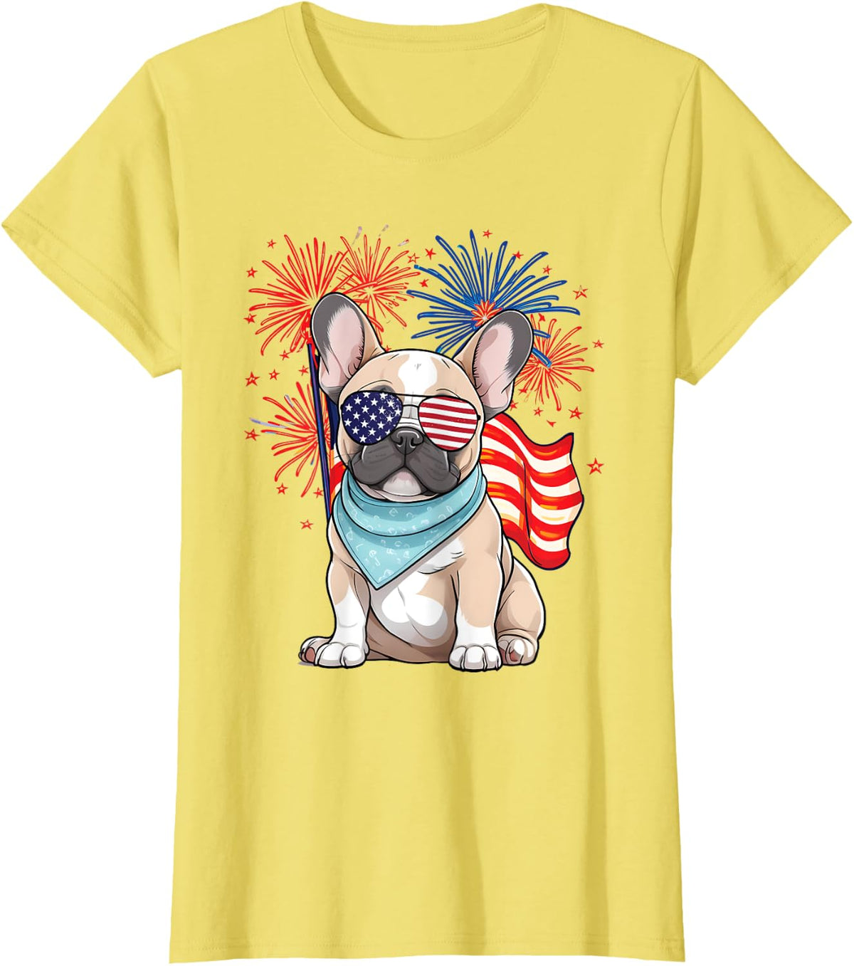 French Bulldog American Flag Frenchie Patriotic 4th of July T-Shirt for Women Kids Men - Lemon Yellow