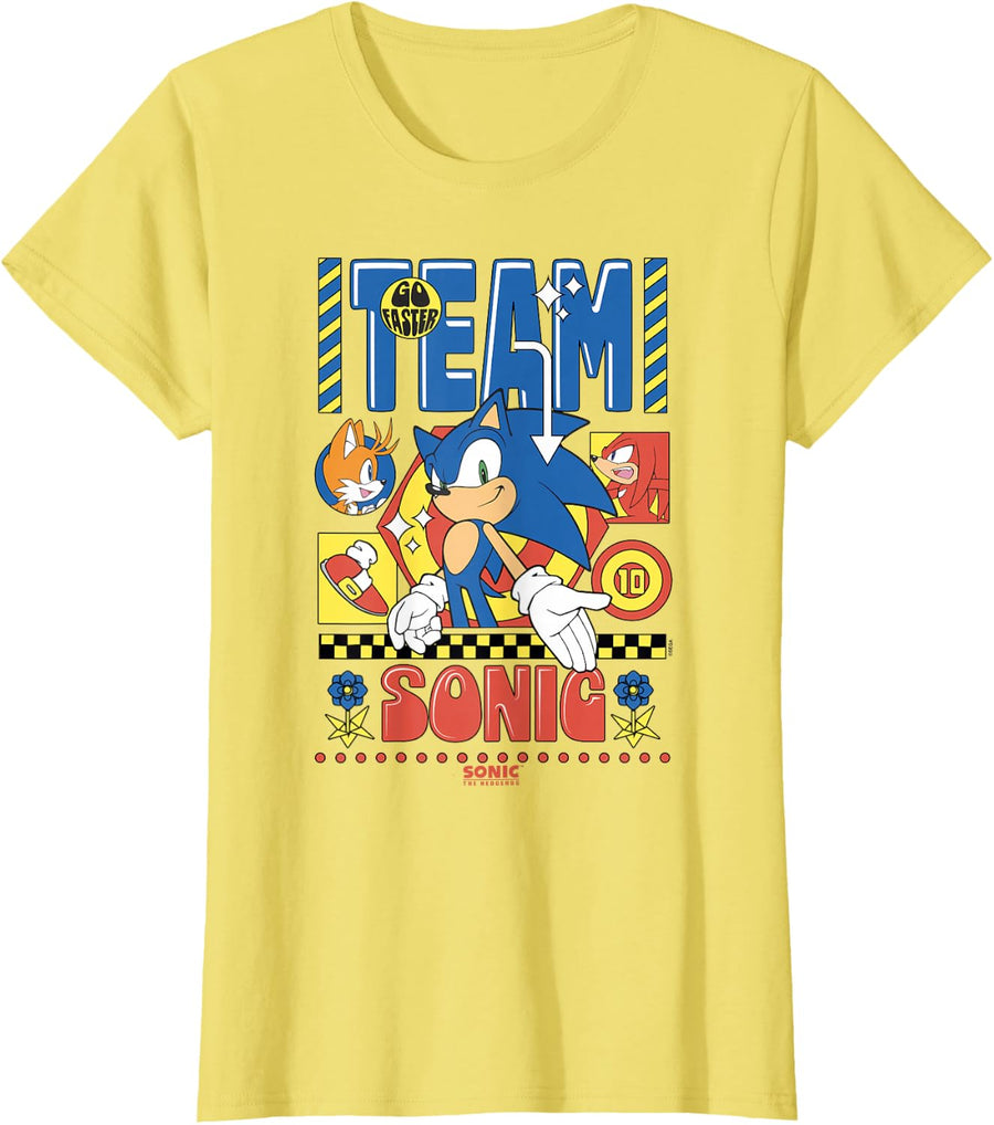 Sonic The Hedgehog Team Sonic Go Faster Vibrant Iconic Trio T-Shirt - Lemon Yellow