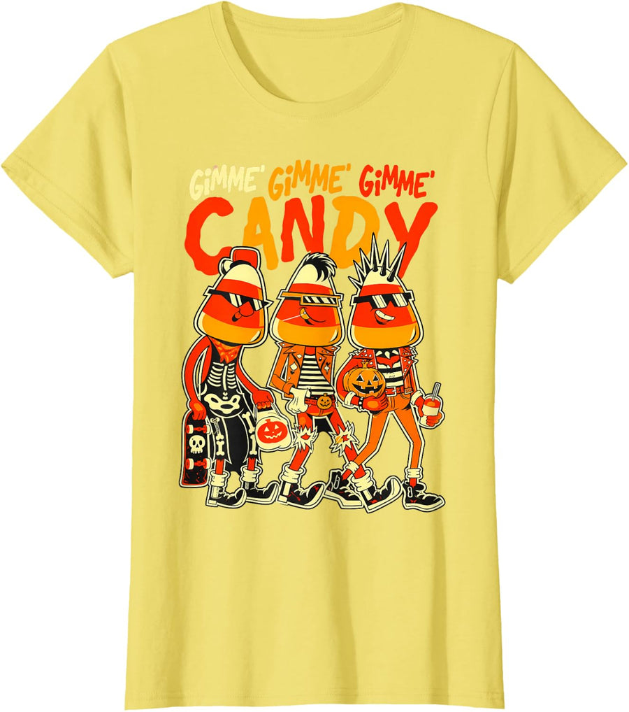Gimme Gimme Gimme Candy Skeleton Halloween Punk Rock T-Shirt - Lemon Yellow