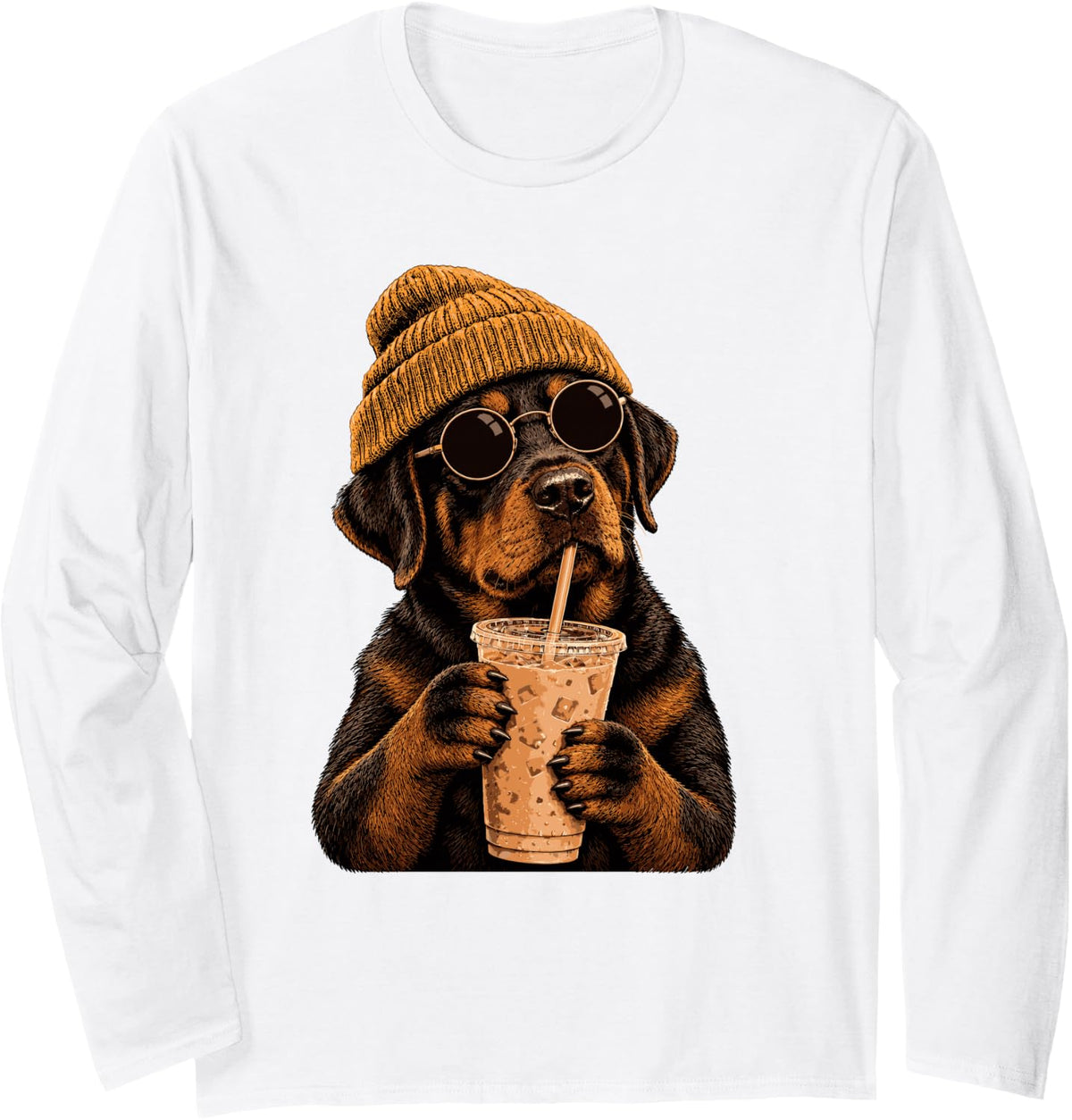 Rottweiler Dog Hipster Iced Coffee Funny Rottweiler Long Sleeve T-Shirt - Adult Unisex White