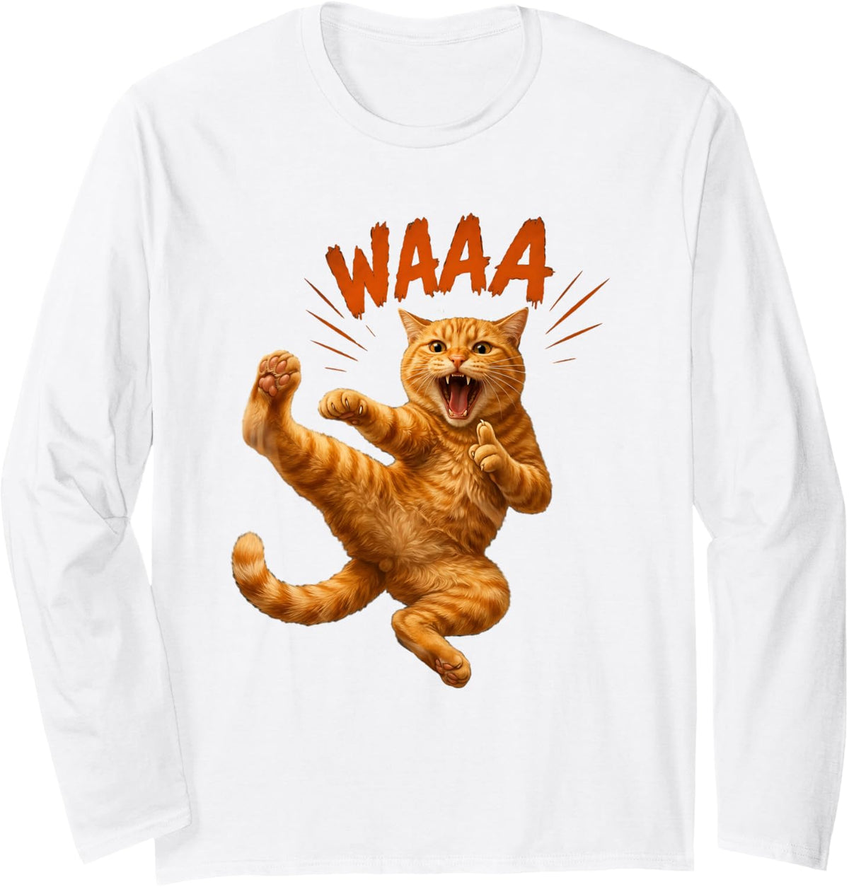 Funny Orange Tabby Cat Karate Kick Martial Arts Kitty Long Sleeve T-Shirt - Adult Unisex White