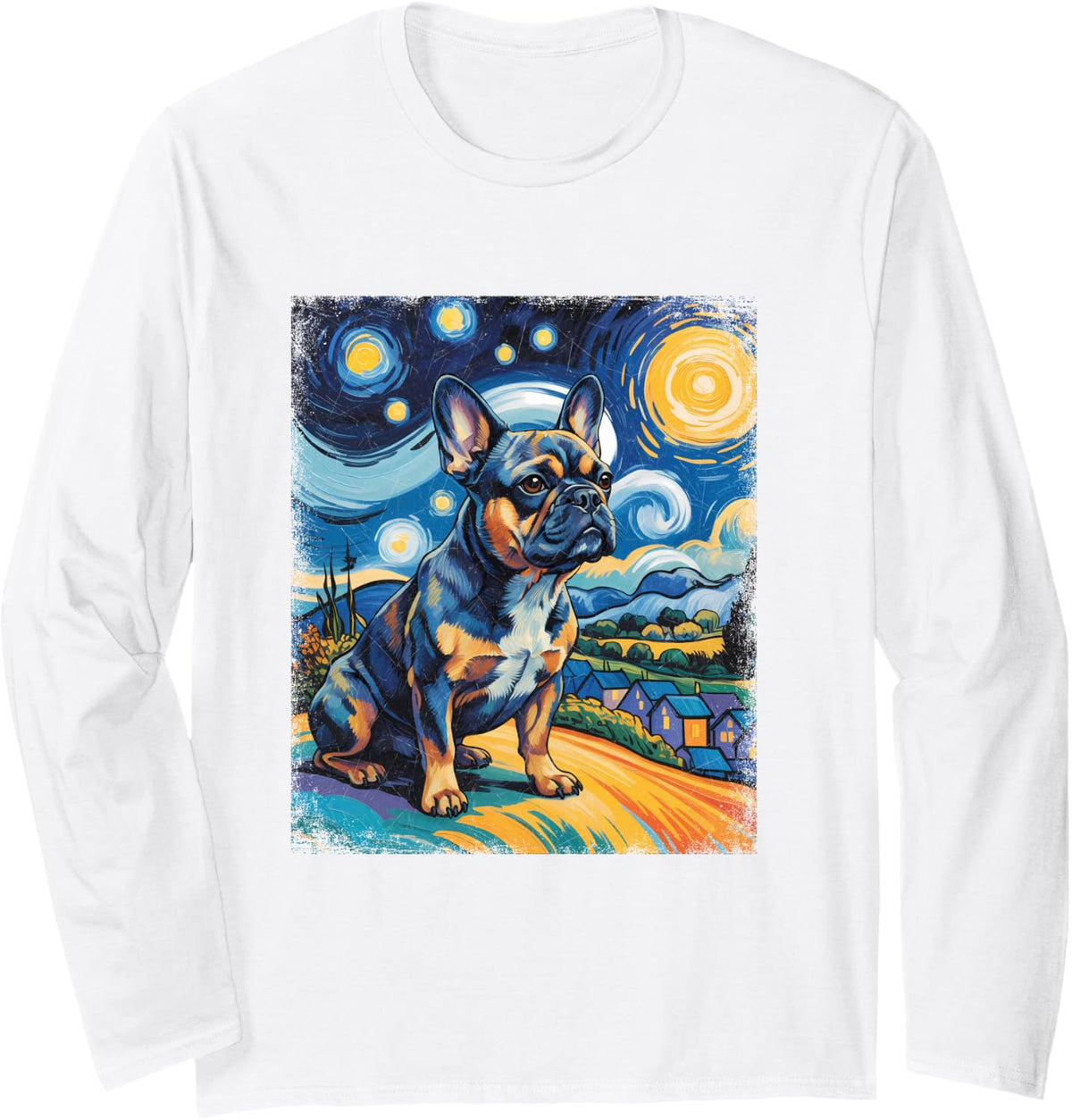 French Bulldog Starry Sky Van Gogh Style Sky Art Frenchie Long Sleeve T-Shirt - Adult Unisex White