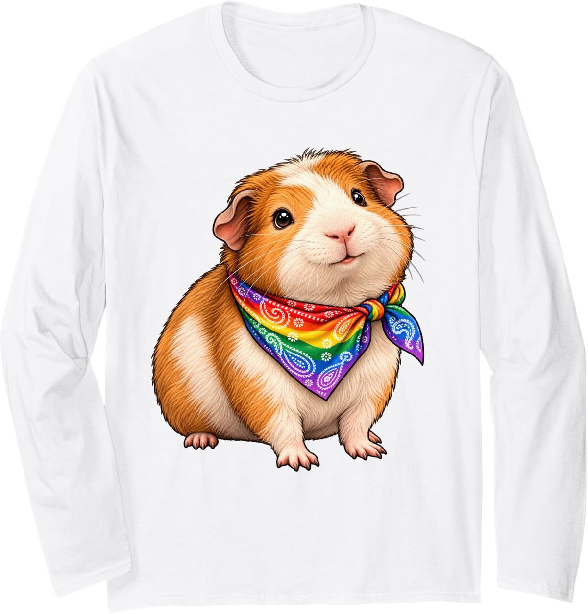 Rainbow Bandana Guinea Pig Pride Long Sleeve T-Shirt - Adult Unisex White