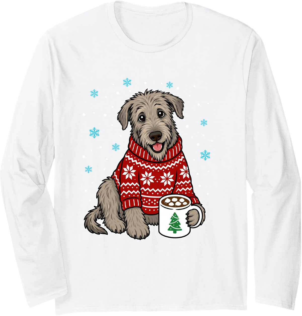 Irish Wolfhound in Christmas Sweater Funny Irish Wolfhound Long Sleeve T-Shirt - Adult Unisex White