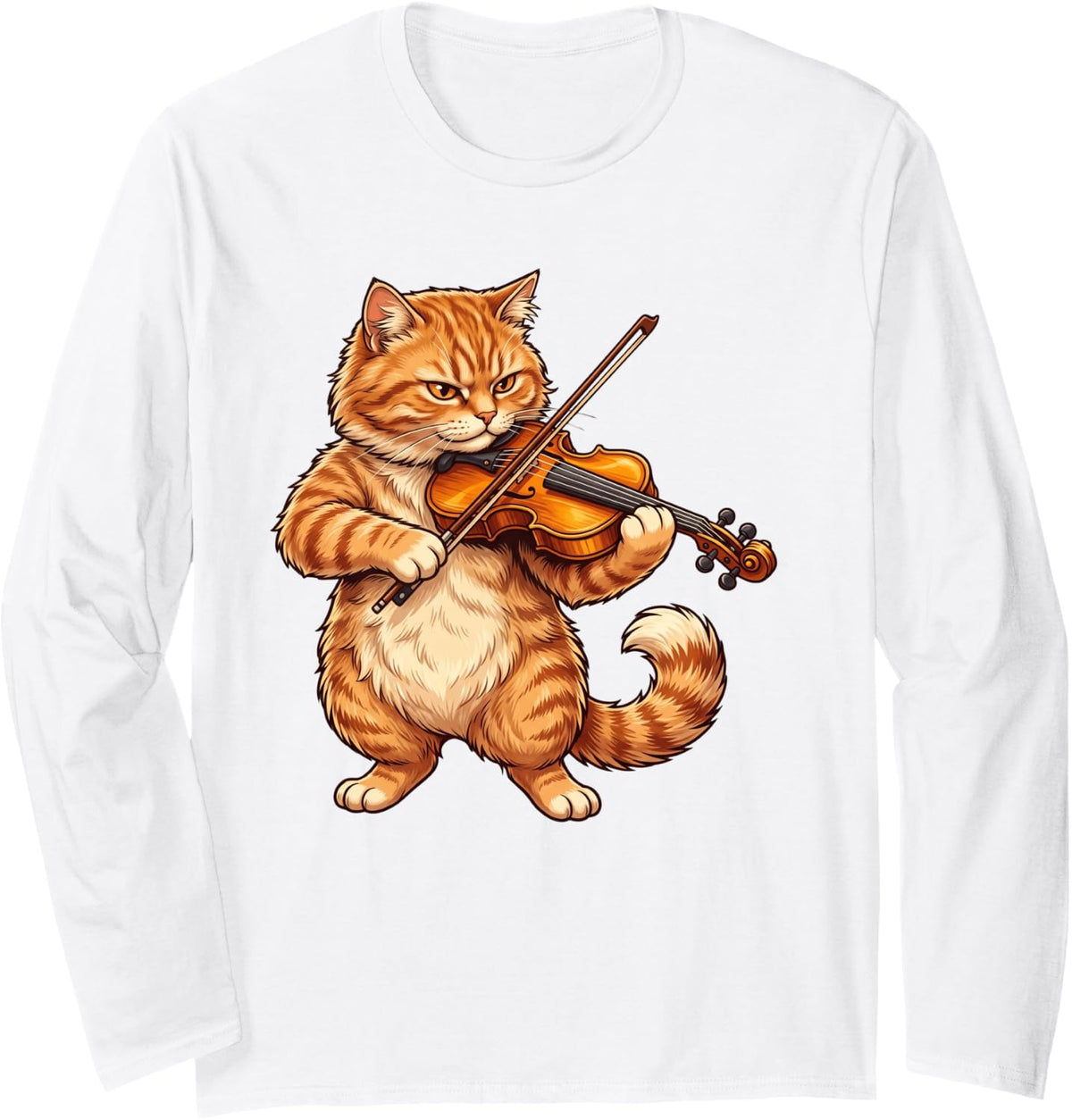 Grumpy Orange Tabby Cat Playing Violin Funny Violinist Long Sleeve T-Shirt - Adult Unisex White