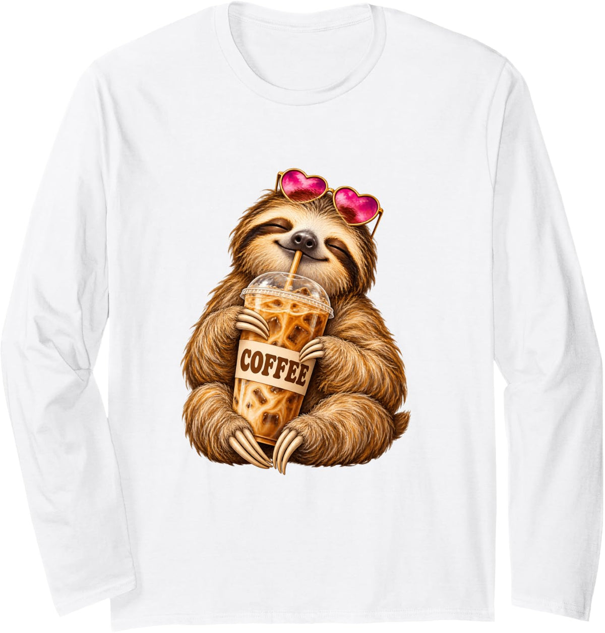 Sloth Iced Coffee, Cute Sloth Lover Coffee Drinker Long Sleeve T-Shirt - Adult Unisex White