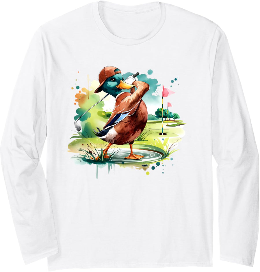 Color Mallard Duck Playing Golf Golfing Dad Golfer Game Day Long Sleeve T-Shirt - Adult Unisex White