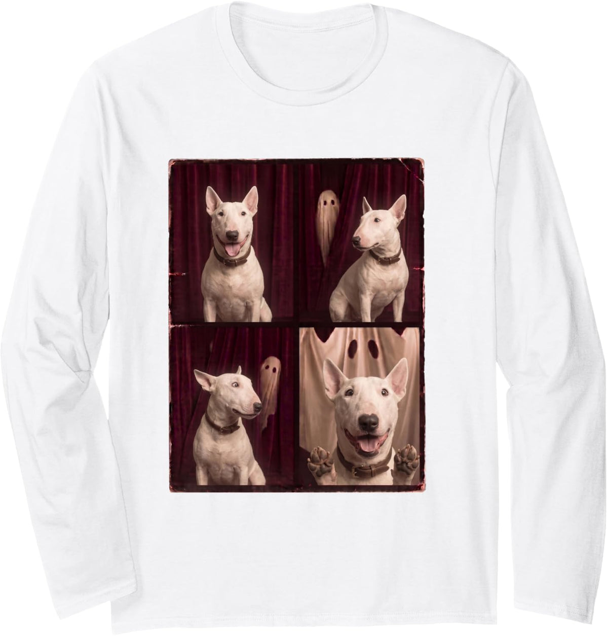 Funny Bull Terrier Halloween Ghost Photoshoot Long Sleeve T-Shirt - Adult Unisex White