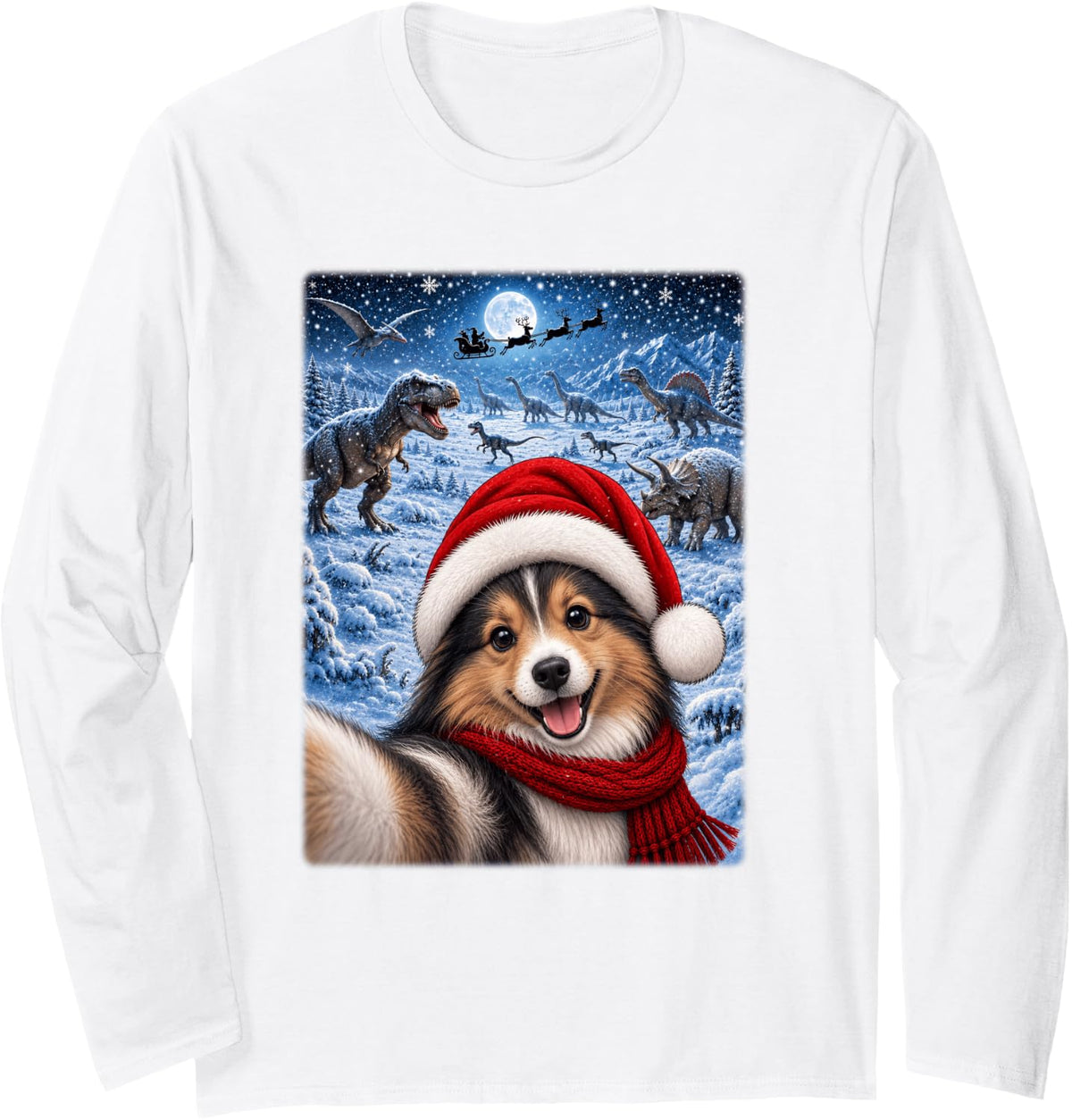 Shetland Sheepdog Christmas Moon Night Starry Dinosaurs Xmas Long Sleeve T-Shirt - Adult Unisex White