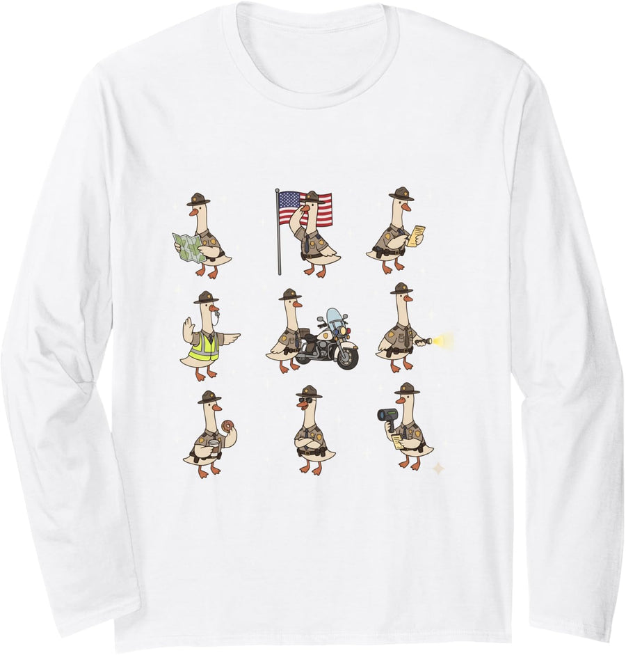 State Trooper Silly Goose Patriotic Police Officer Long Sleeve T-Shirt - Adult Unisex White