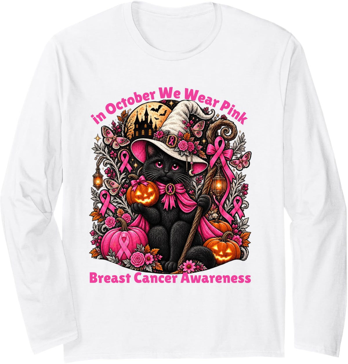 Breast Cancer Halloween in October We Wear Pink Cat Witch Long Sleeve T-Shirt - Adult Unisex White