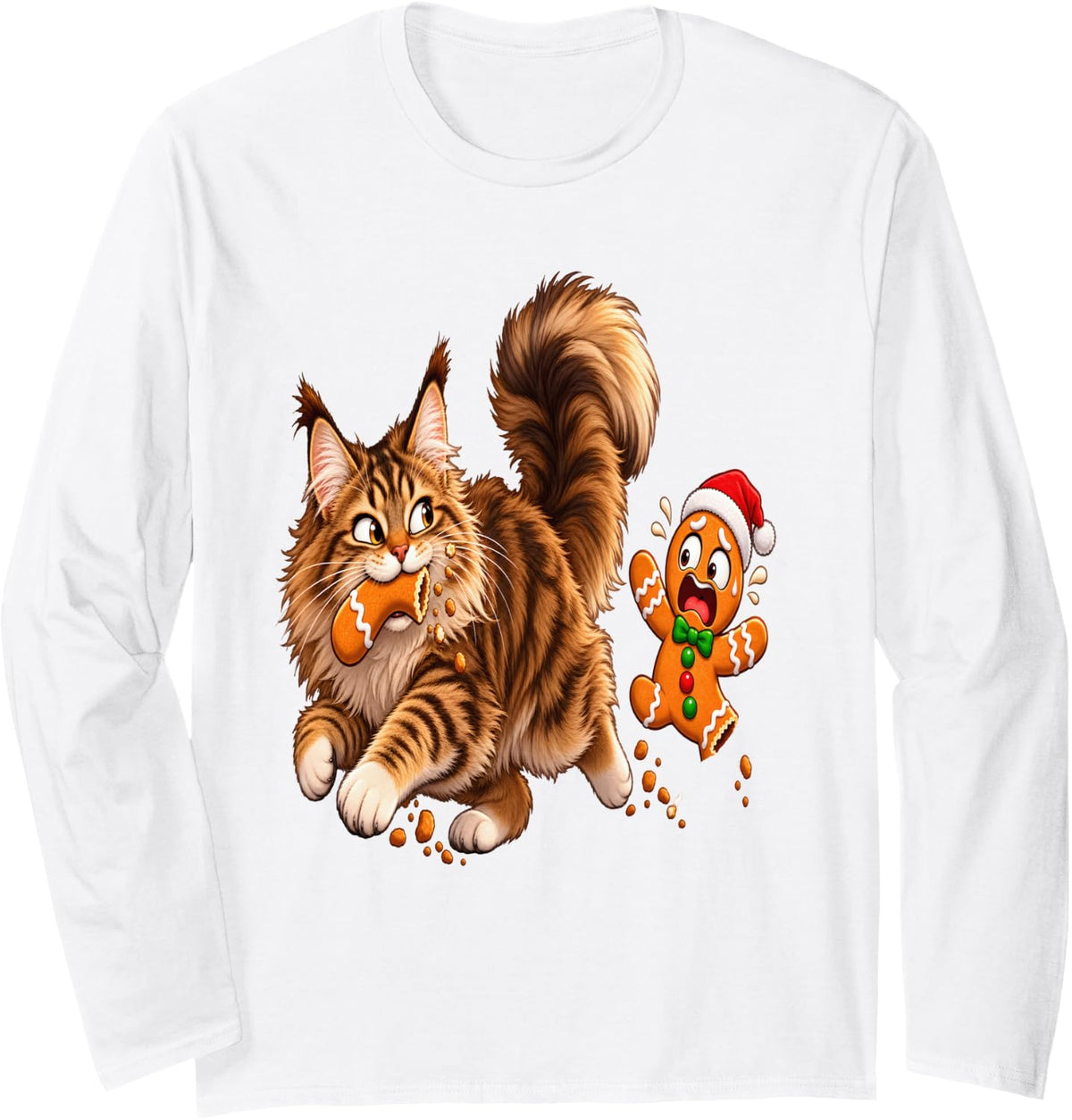 Funny Tabby Cat Christmas Gingerbread Cookie Chase Long Sleeve T-Shirt - Adult Unisex White