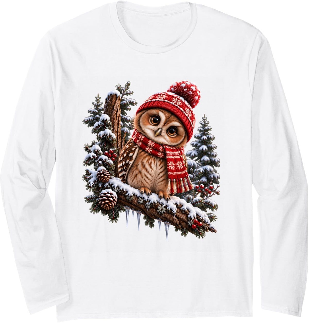 Cute Winter Owl Woodland Animal Snowy Forest Animals Owls Long Sleeve T-Shirt - Adult Unisex White