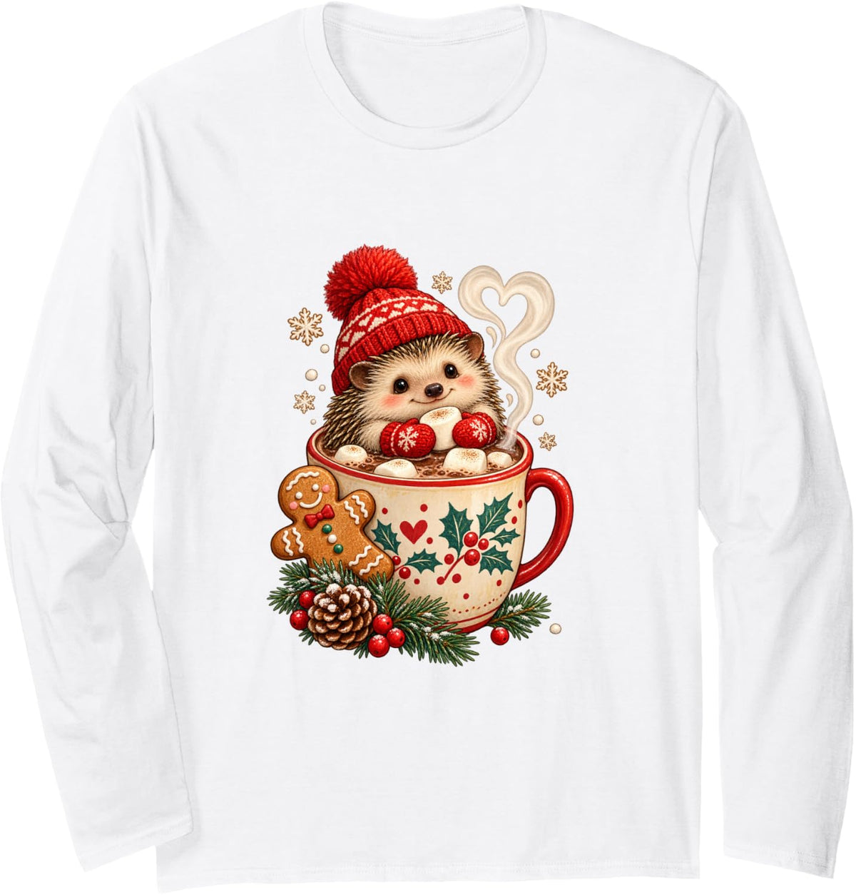 Cute Hedgehog Hot Cocoa Christmas Cozy Winter Holiday Long Sleeve T-Shirt - Adult Unisex White