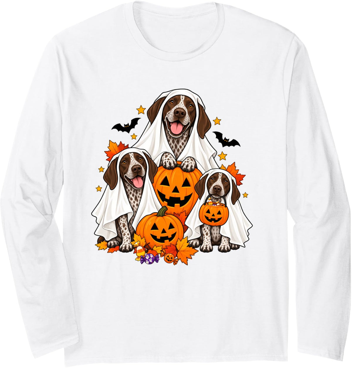 Ghost German Shorthaired Pointer Dogs and Pumpkins Halloween Long Sleeve T-Shirt - Adult Unisex White