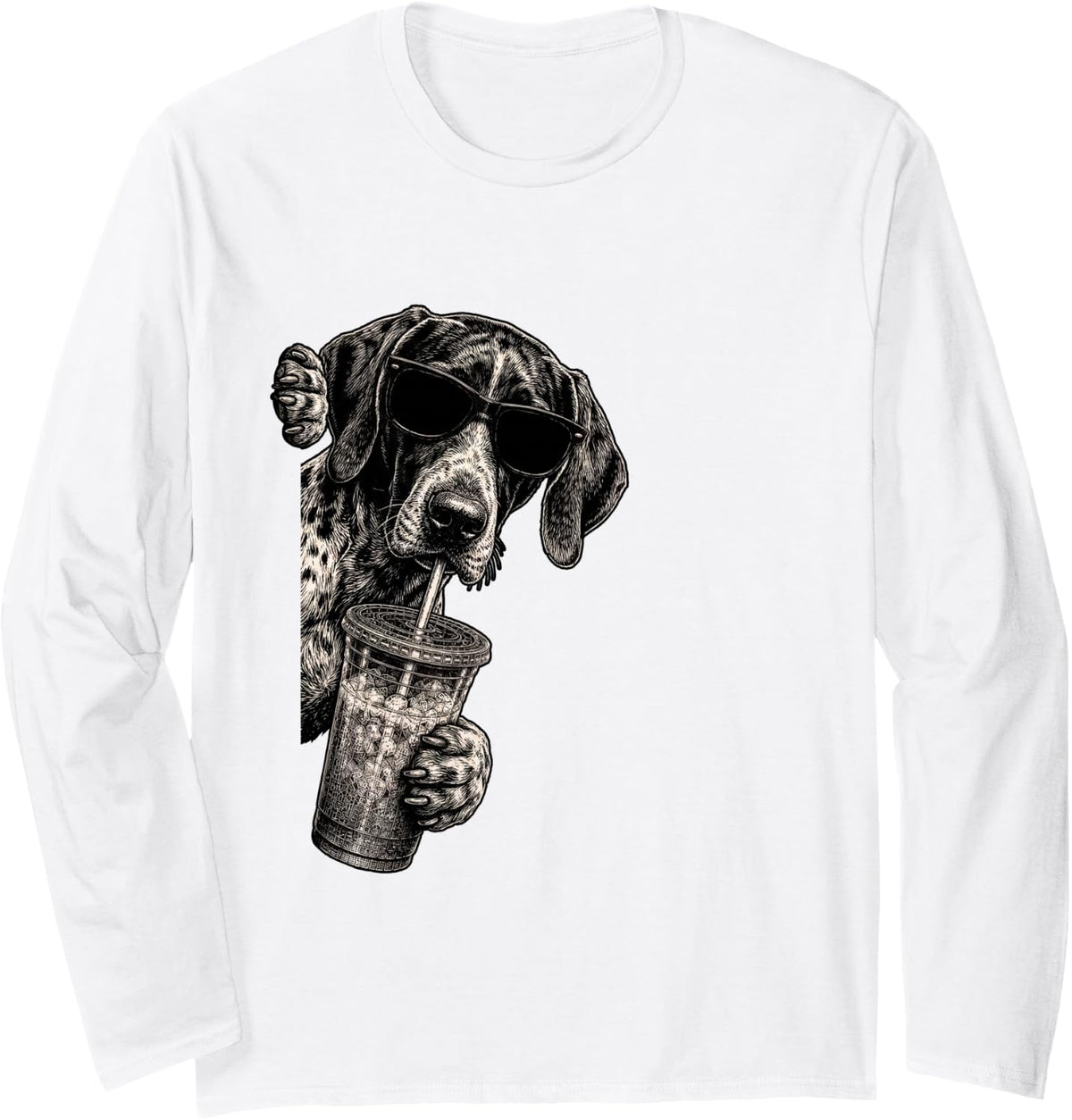 German Shorthaired Pointer Dog Peeking Drinking Iced Coffee Long Sleeve T-Shirt - Adult Unisex White