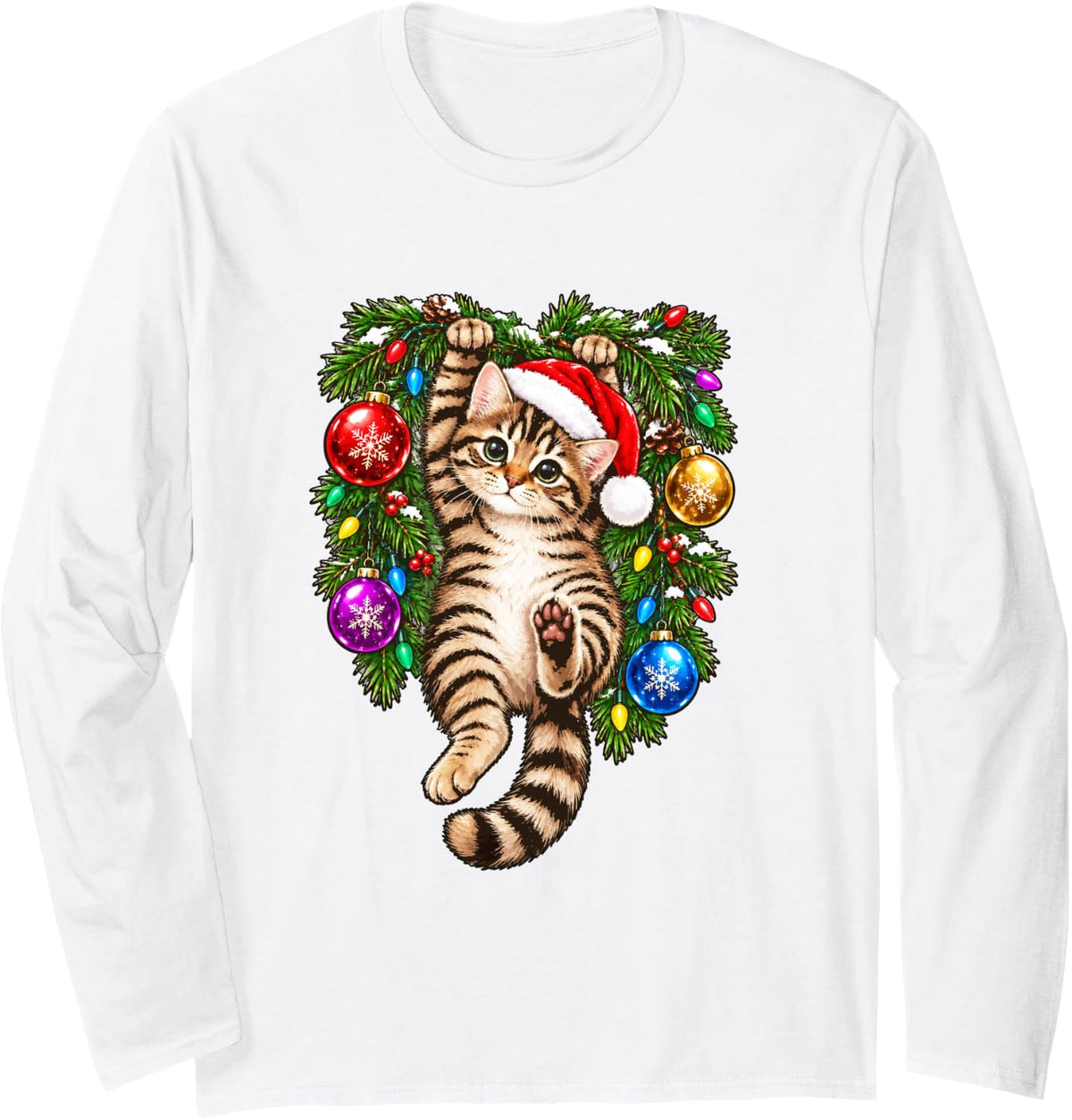 Tabby Cat Christmas Tree and Festive Lights Cute Kitten Xmas Long Sleeve T-Shirt - Adult Unisex White