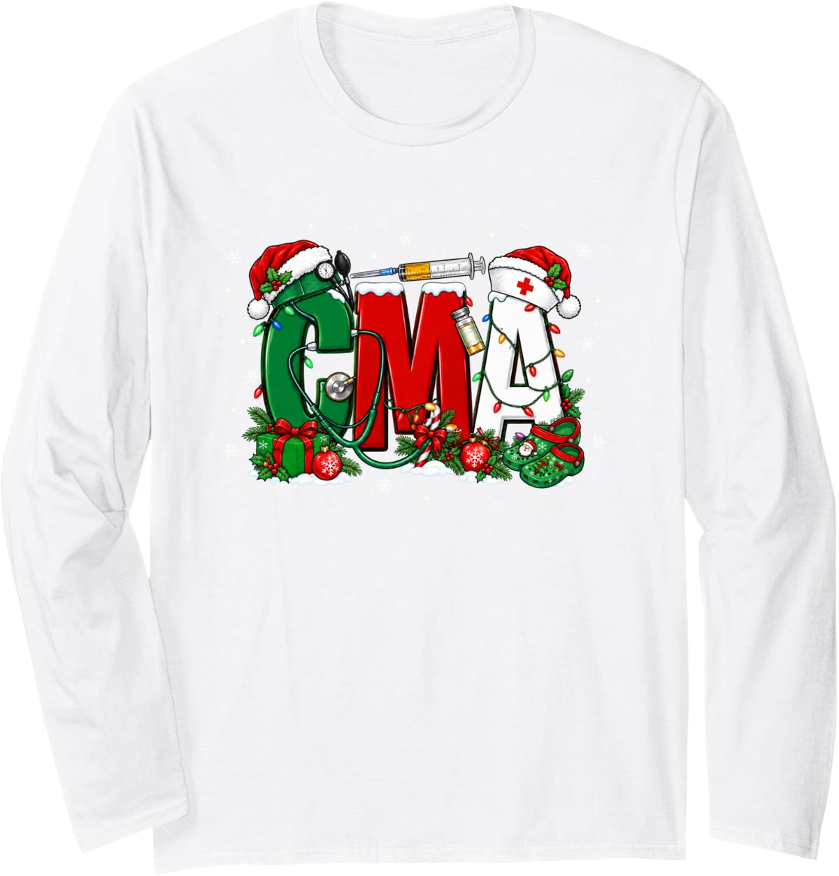 CMA Nursing Christmas Medical Assistant Winter Xmas Pajamas Long Sleeve T-Shirt - Adult Unisex White