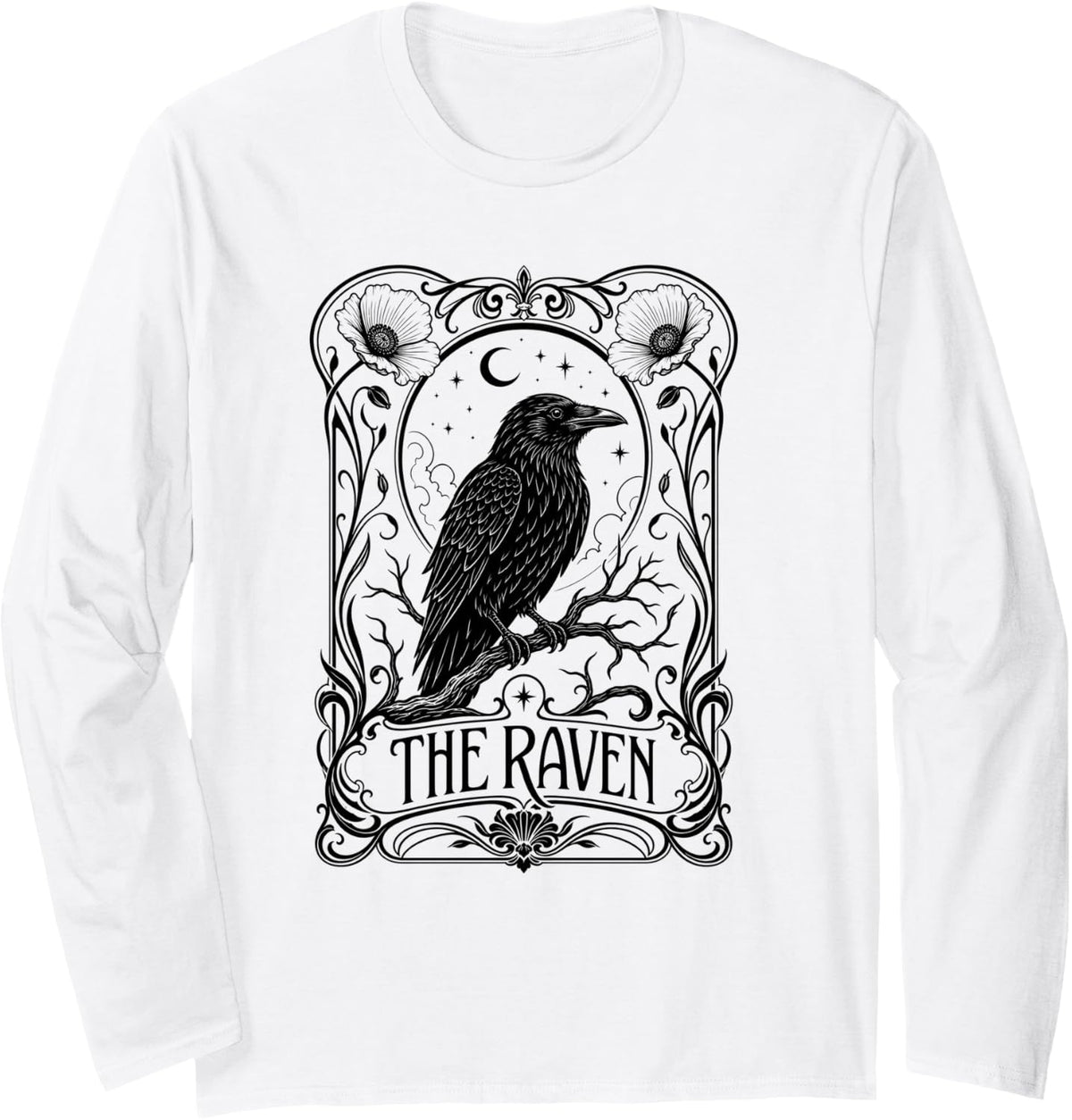Mystic The Raven Vintage Gothic Art Nouveau Aesthetic Long Sleeve T-Shirt - Adult Unisex White