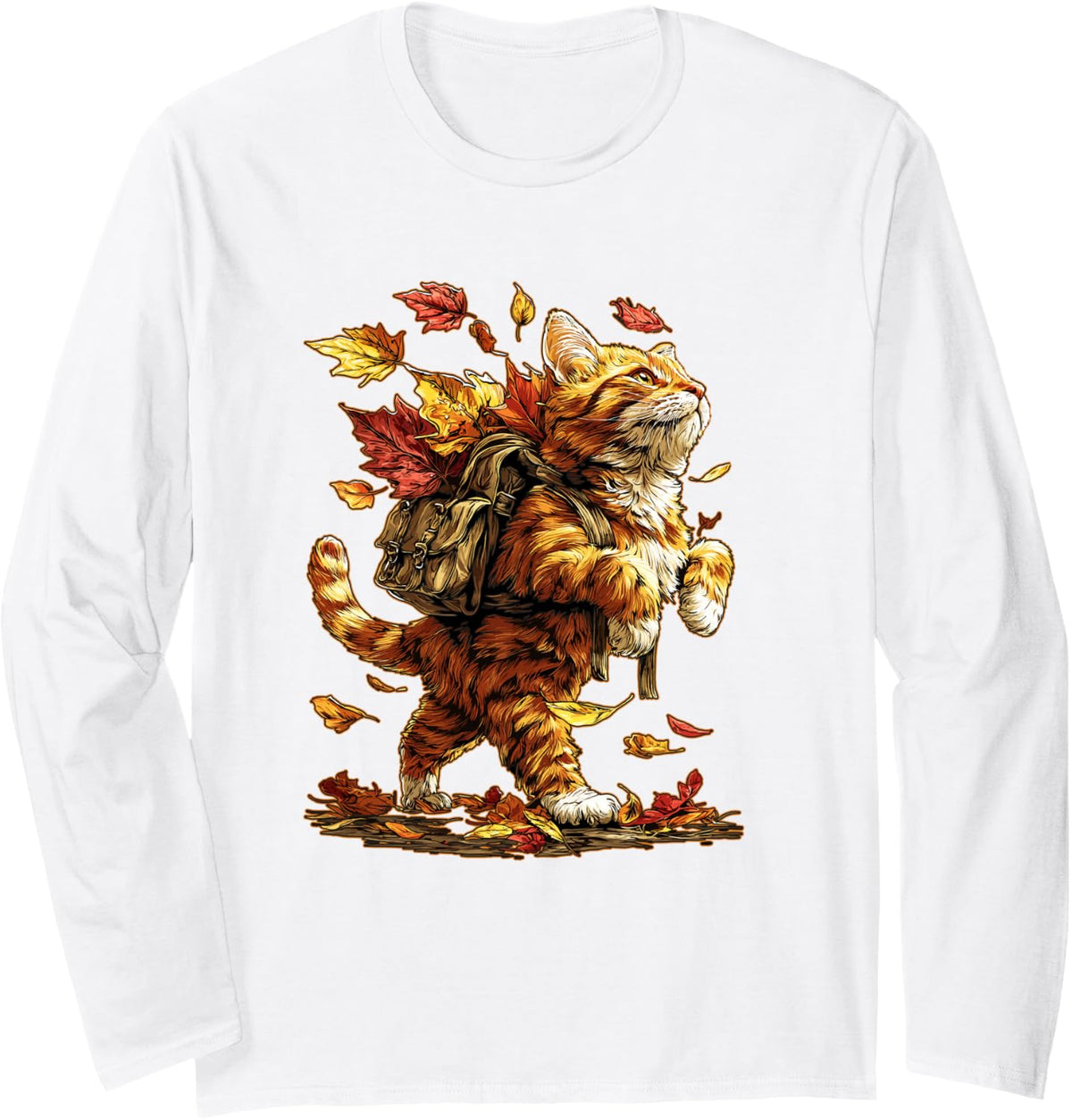 Orange Tabby Cat Hiking with Fall Leaves Autumn Kitten Hiker Long Sleeve T-Shirt - Adult Unisex White