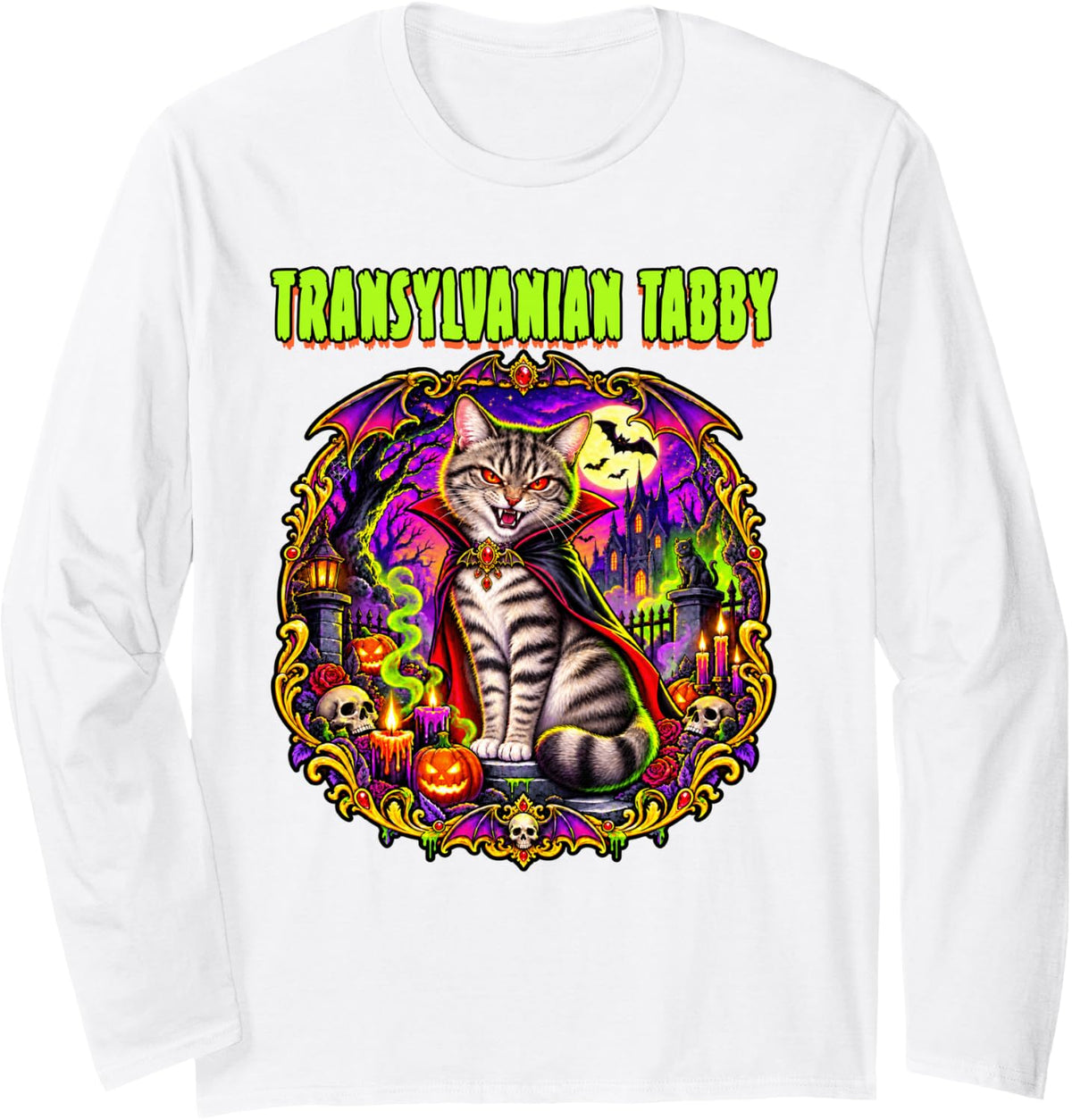 Tabby Cat Vampire Spooky Scary Haunted Horror Long Sleeve T-Shirt - Adult Unisex White