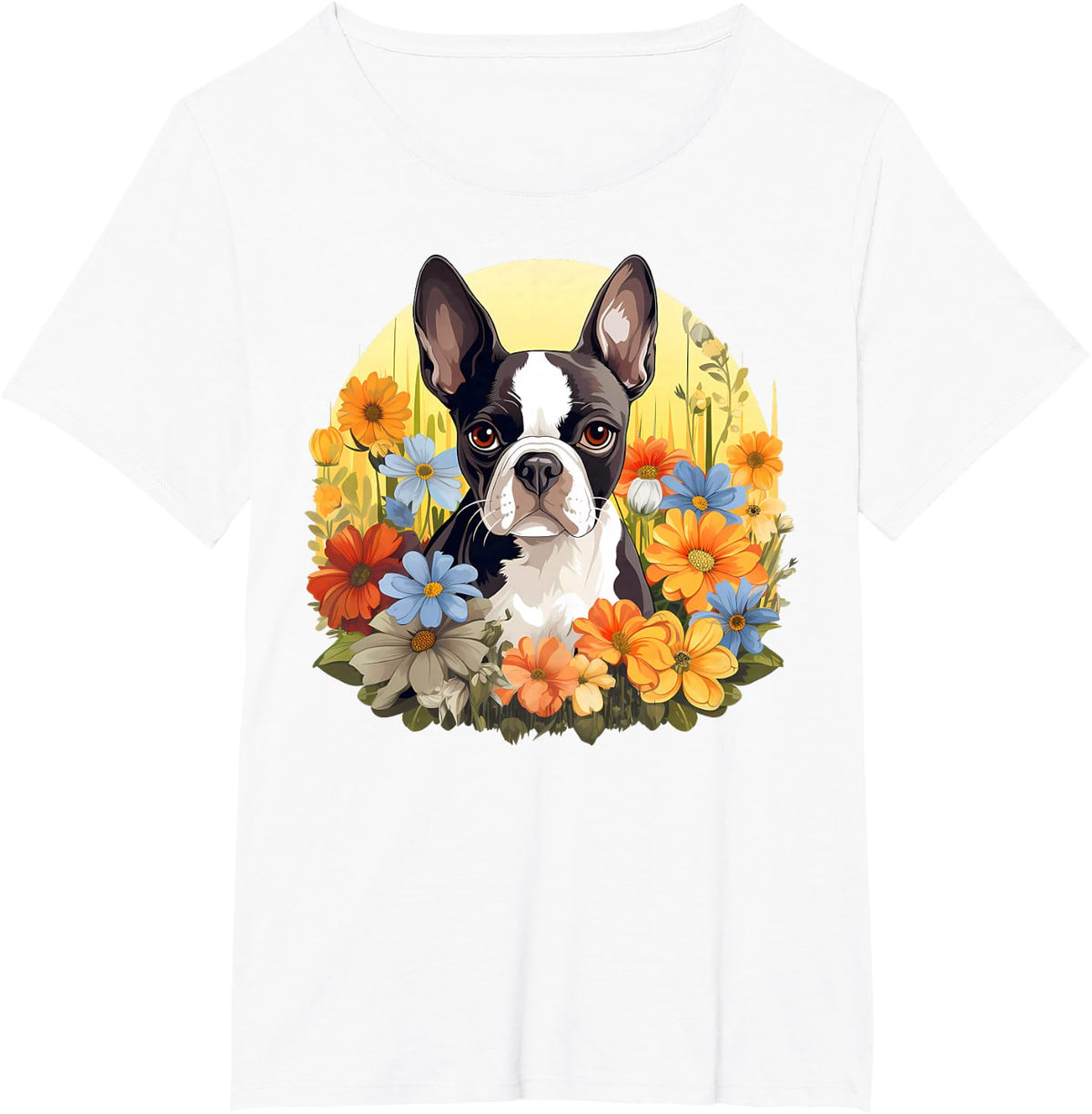 Cute Boston Terrier Spring Flower Garden Colorful Puppy Dog Tees T Shirts - White