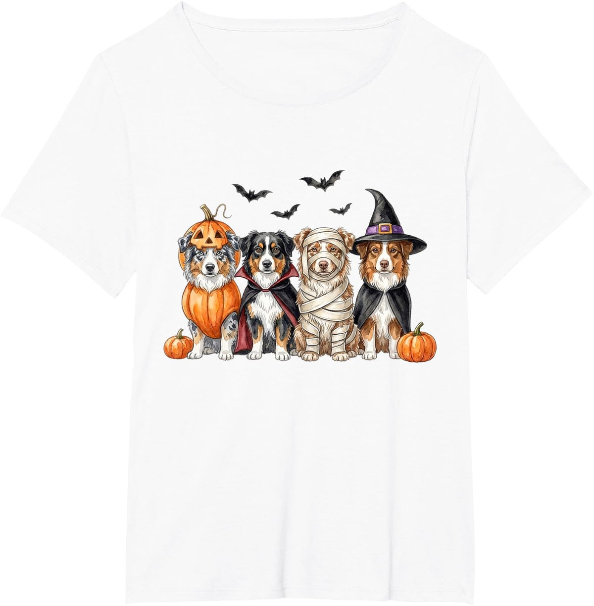 Halloween Australian Shepherd Squad Pumpkin Vampire Mummy T-Shirt - White
