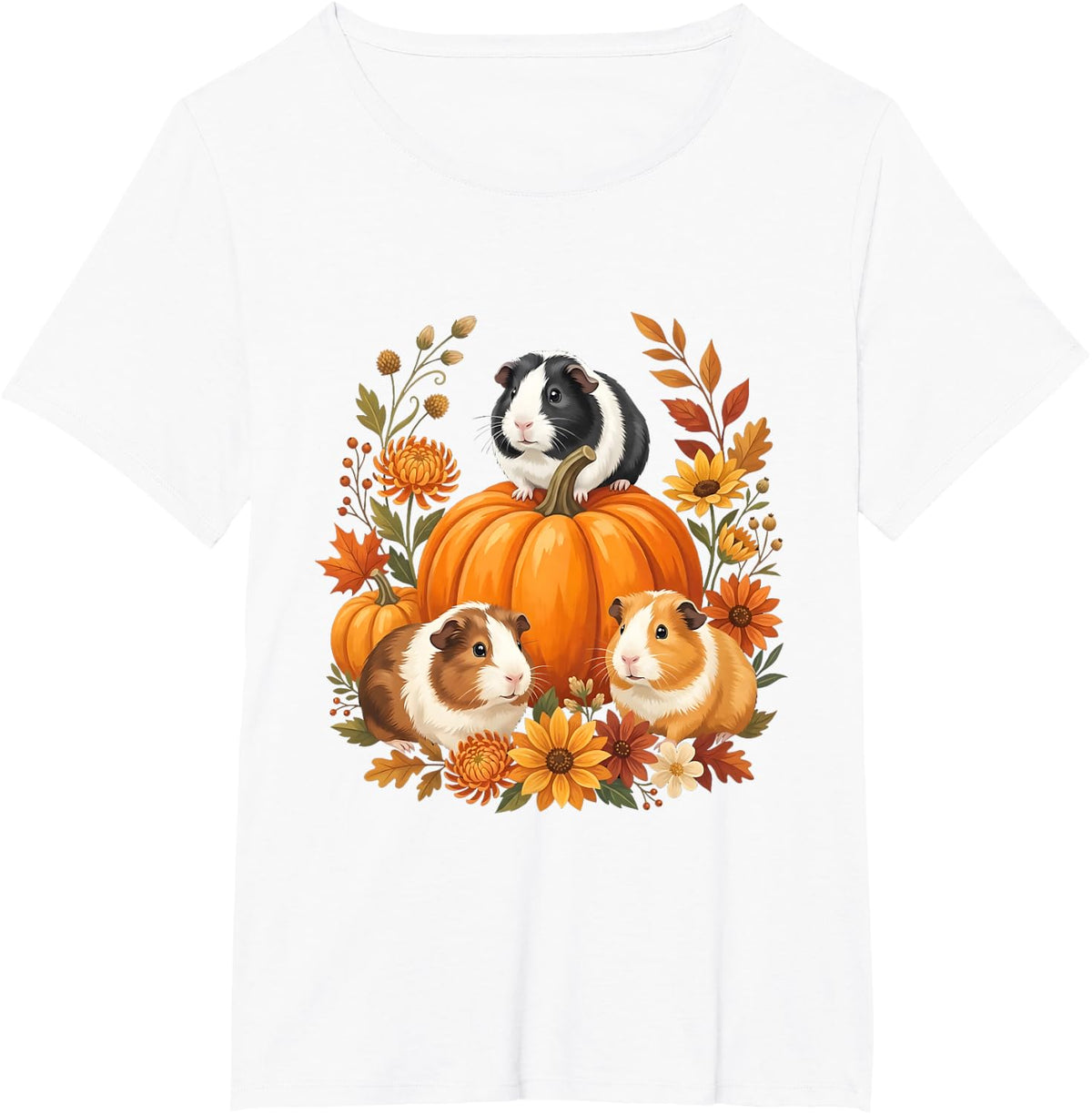 Guinea Pigs Thanksgiving Pumpkins Fall Flowers T-Shirt - White