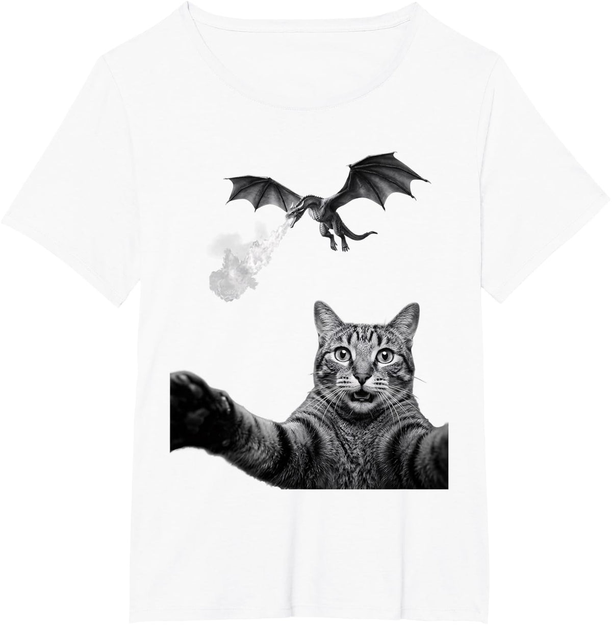 Funny Cat Taking Selfie with Fire Breathing Dragon Meme T-Shirt - White
