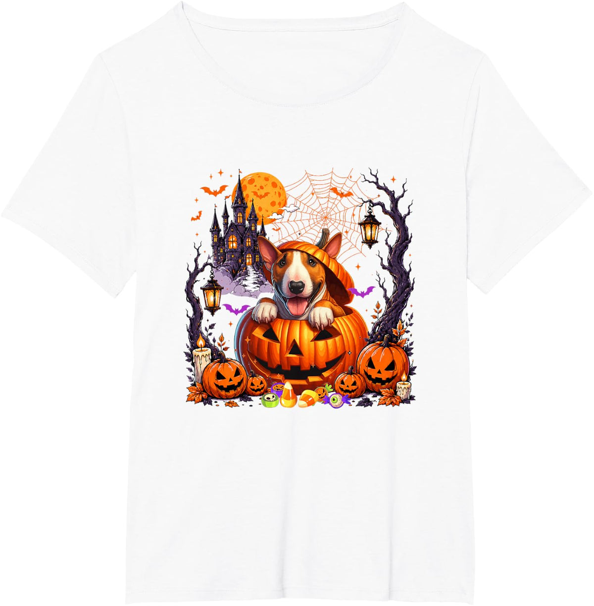 Bull Terrier Inside Horror Carved Pumpkins Halloween Owner T-Shirt - White