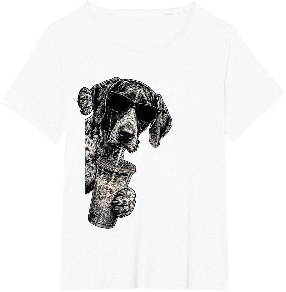 German Shorthaired Pointer Dog Peeking Drinking Iced Coffee T-Shirt - White