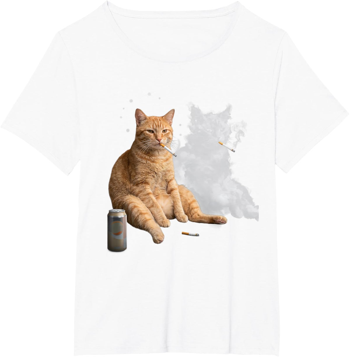 Funny Tabby Cat Smoking Cigarette Drinking Beer T-Shirt - White